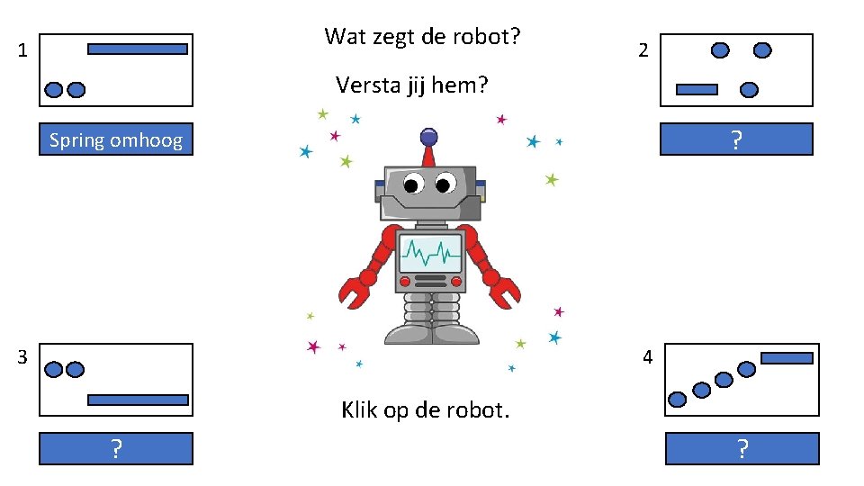 Wat zegt de robot? 1 2 Versta jij hem? ? Spring omhoog 4 3