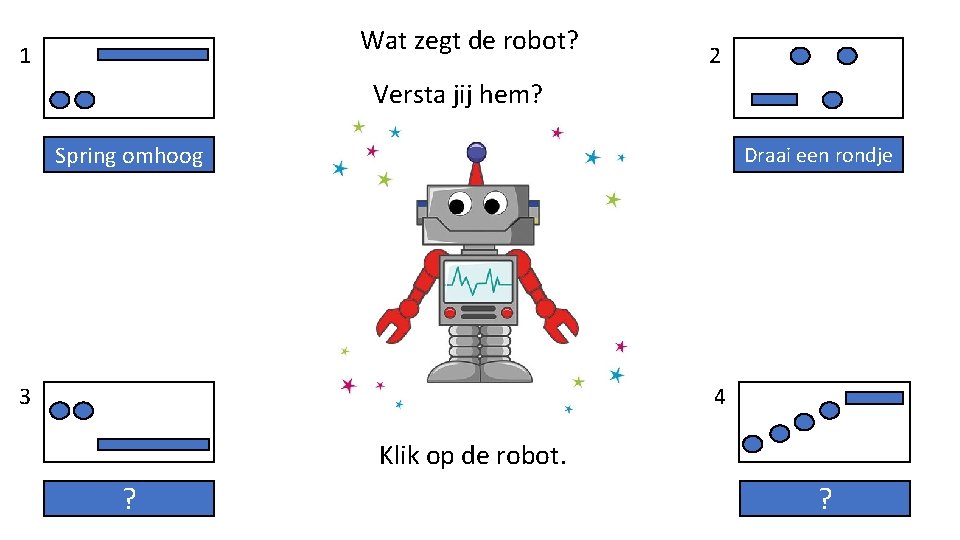 Wat zegt de robot? 1 2 Versta jij hem? Spring omhoog Draai een rondje