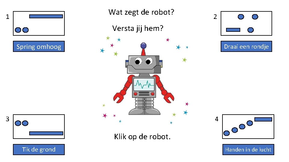 Wat zegt de robot? 1 2 Versta jij hem? Spring omhoog Draai een rondje