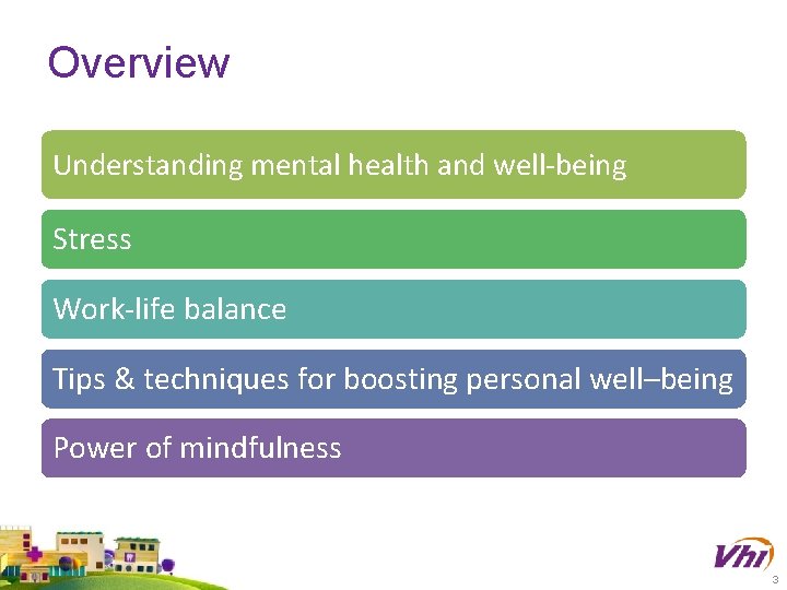 Overview Understanding mental health and well-being Stress Work-life balance Tips & techniques for boosting
