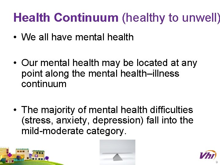 Health Continuum (healthy to unwell) • We all have mental health • Our mental