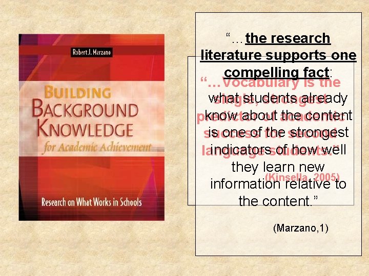 “…the research literature supports one compelling fact: “…Vocabulary is the what students already single,
