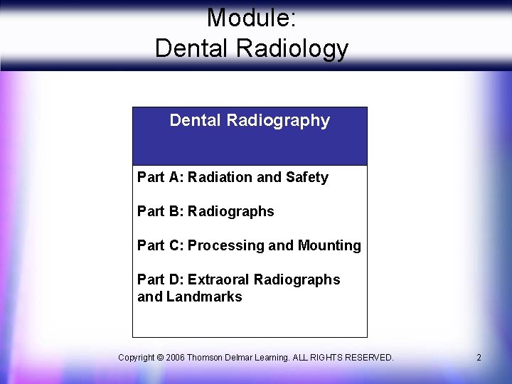 Module: Dental Radiology Dental Radiography Part A: Radiation and Safety Part B: Radiographs Part