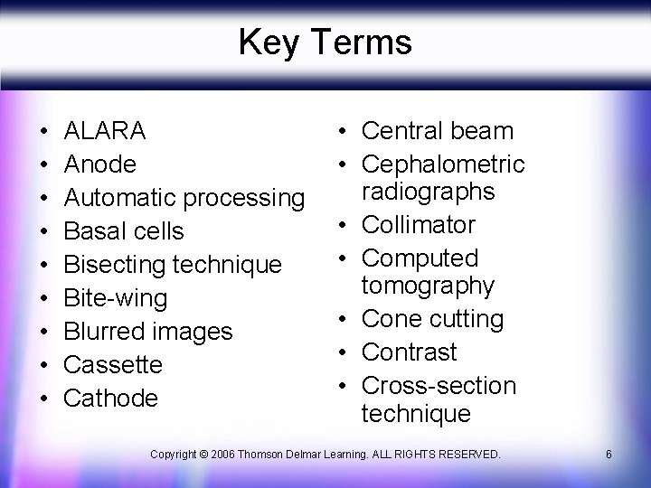 Key Terms • • • ALARA Anode Automatic processing Basal cells Bisecting technique Bite-wing