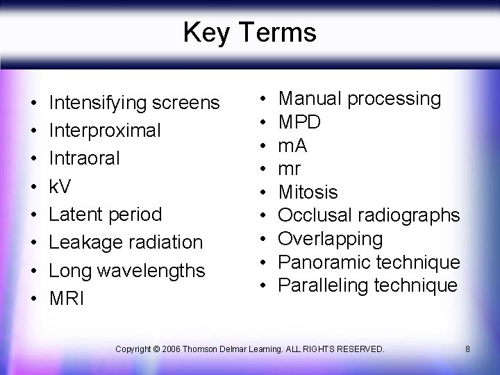 Key Terms • • Intensifying screens Interproximal Intraoral k. V Latent period Leakage radiation