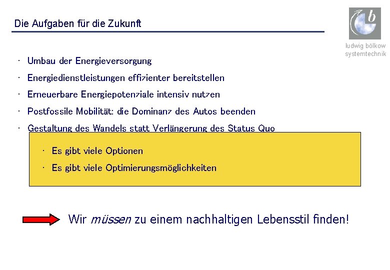 Die Aufgaben für die Zukunft • Umbau der Energieversorgung ludwig bölkow systemtechnik • Energiedienstleistungen