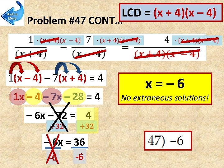 LCD = (x + 4)(x – 4) Problem #47 CONT… 1(x – 4) –