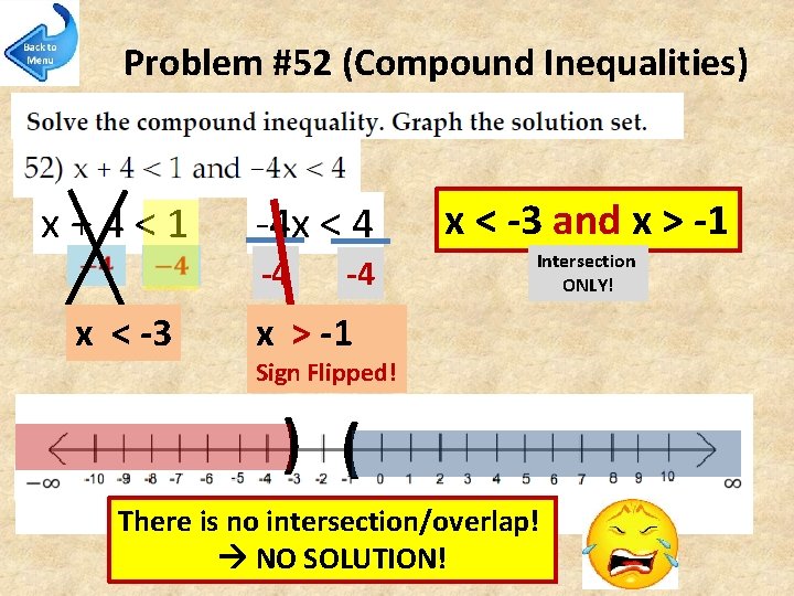 Problem #52 (Compound Inequalities) x + 4 < 1 x < -3 -4 x