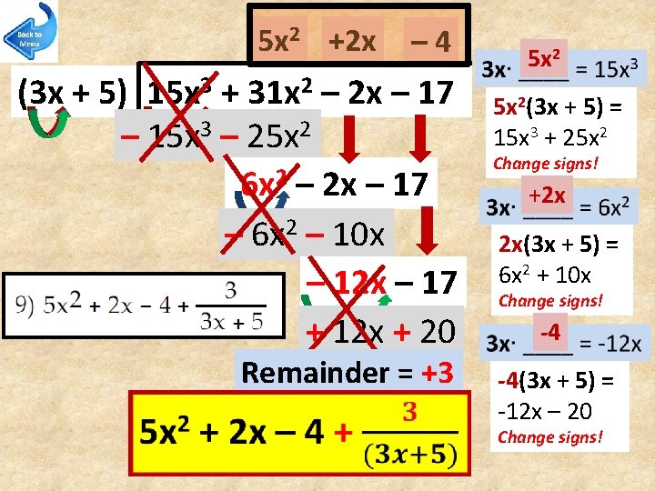 5 x 2 +2 x – 4 (3 x + 5) 15 x 3