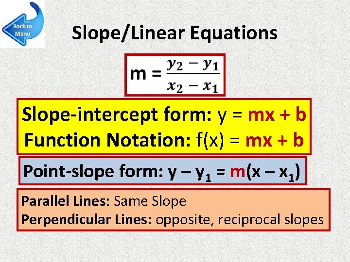 Slope/Linear Equations Slope-intercept form: y = mx + b Function Notation: f(x) = mx