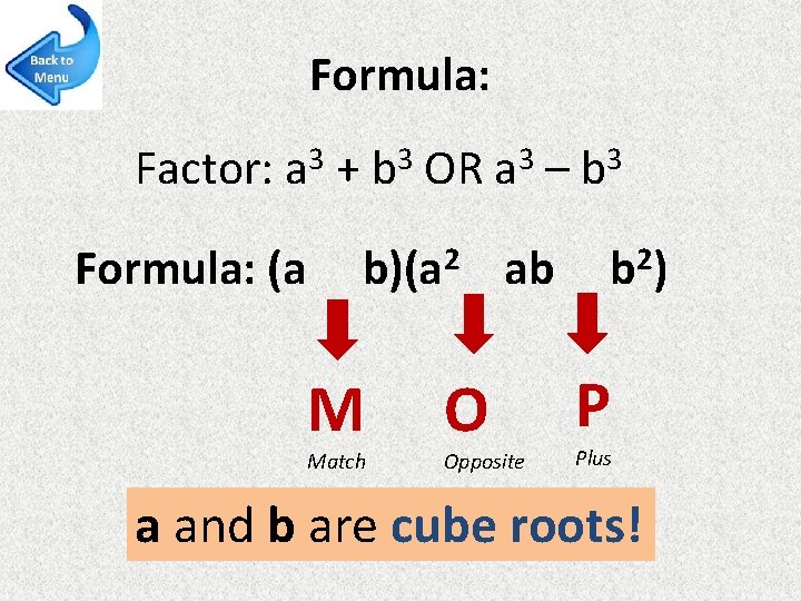 Formula: 3 3 Factor: a + b OR a – b Formula: (a b)(a