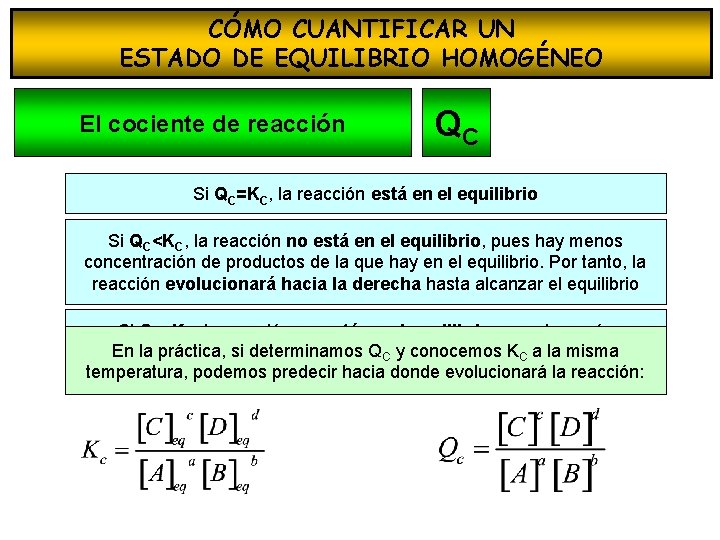 CÓMO CUANTIFICAR UN ESTADO DE EQUILIBRIO HOMOGÉNEO El cociente de reacción QC Si QC=KC,