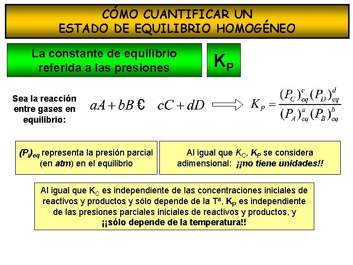 CÓMO CUANTIFICAR UN ESTADO DE EQUILIBRIO HOMOGÉNEO La constante de equilibrio referida a las