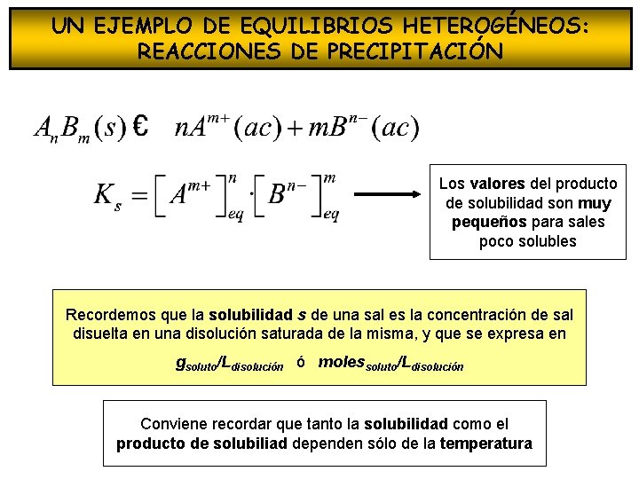 UN EJEMPLO DE EQUILIBRIOS HETEROGÉNEOS: REACCIONES DE PRECIPITACIÓN Los valores del producto de solubilidad