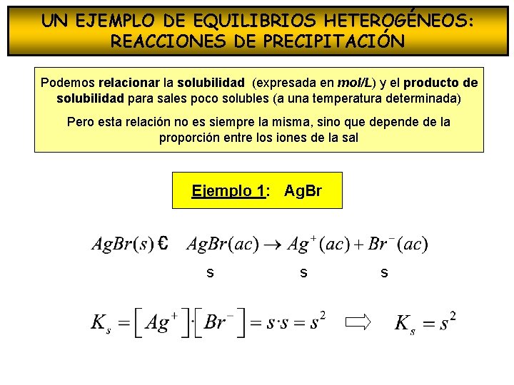 UN EJEMPLO DE EQUILIBRIOS HETEROGÉNEOS: REACCIONES DE PRECIPITACIÓN Podemos relacionar la solubilidad (expresada en