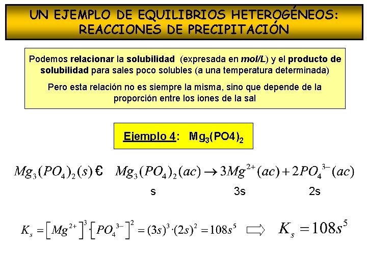 UN EJEMPLO DE EQUILIBRIOS HETEROGÉNEOS: REACCIONES DE PRECIPITACIÓN Podemos relacionar la solubilidad (expresada en