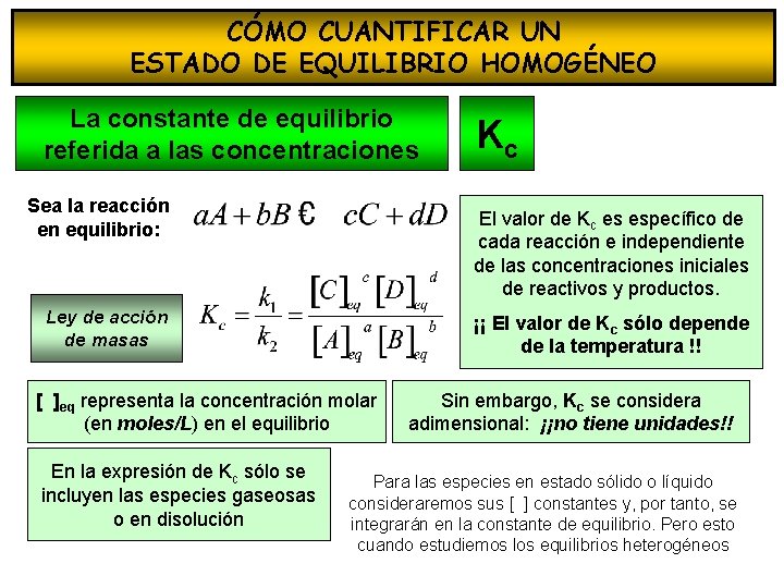 CÓMO CUANTIFICAR UN ESTADO DE EQUILIBRIO HOMOGÉNEO La constante de equilibrio referida a las