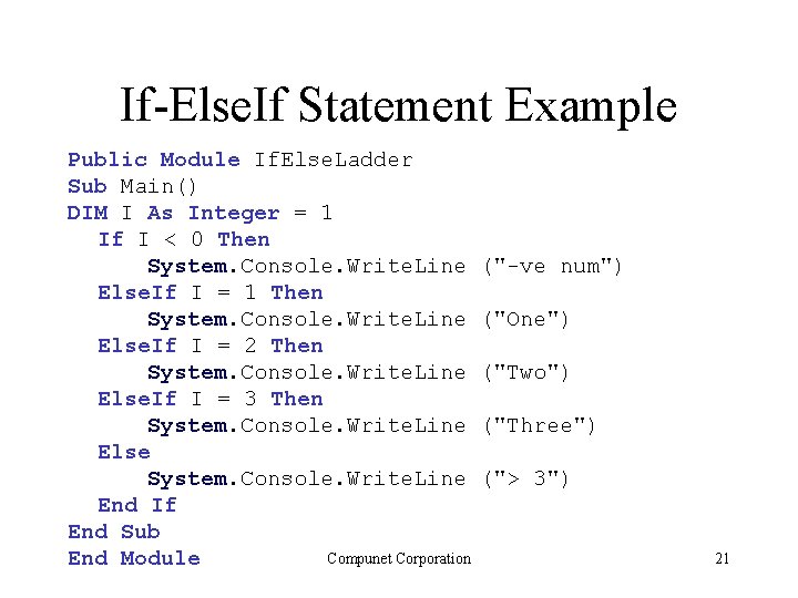 If-Else. If Statement Example Public Module If. Else. Ladder Sub Main() DIM I As If-Else. If Statement Example Public Module If. Else. Ladder Sub Main() DIM I As