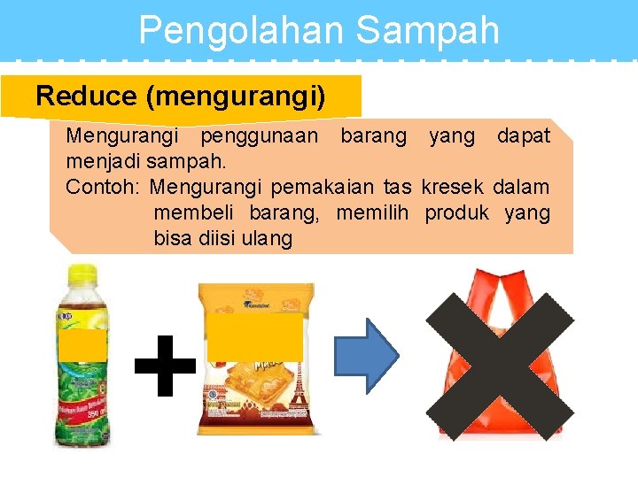 Pengolahan Sampah Reduce (mengurangi) Mengurangi penggunaan barang yang dapat menjadi sampah. Contoh: Mengurangi pemakaian