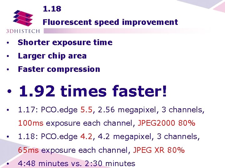 1. 18 Fluorescent speed improvement • Shorter exposure time • Larger chip area •
