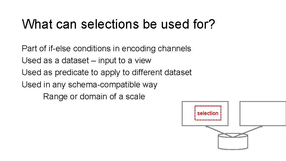 What can selections be used for? Part of if-else conditions in encoding channels Used