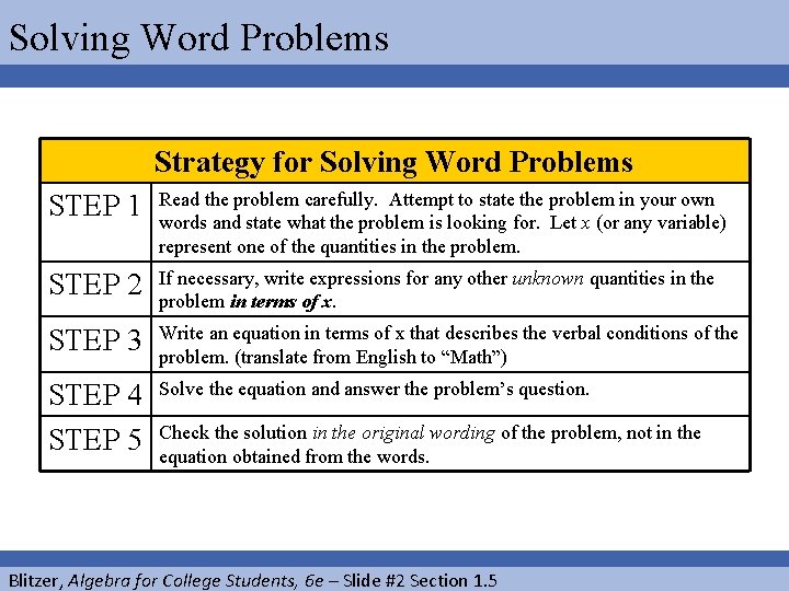 Solving Word Problems Strategy for Solving Word Problems STEP 1 Read the problem carefully.