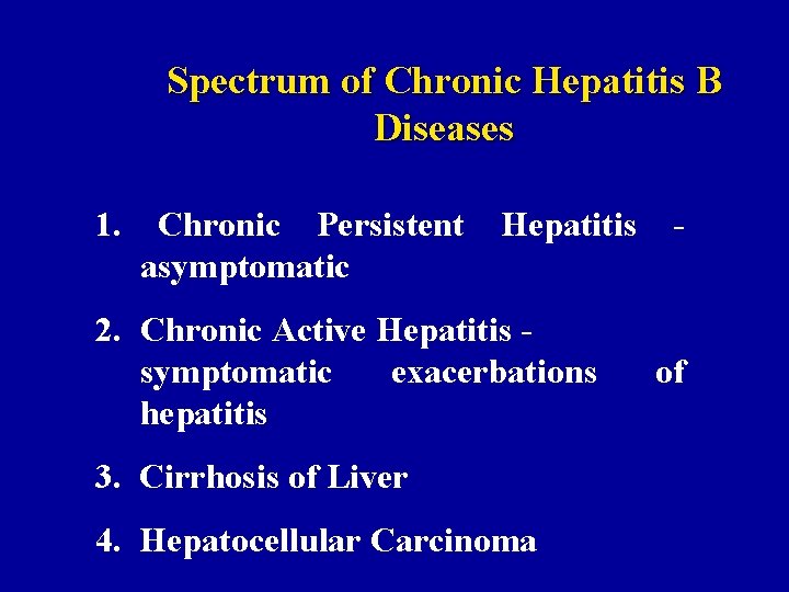 Spectrum of Chronic Hepatitis B Diseases 1. Chronic Persistent asymptomatic Hepatitis 2. Chronic Active