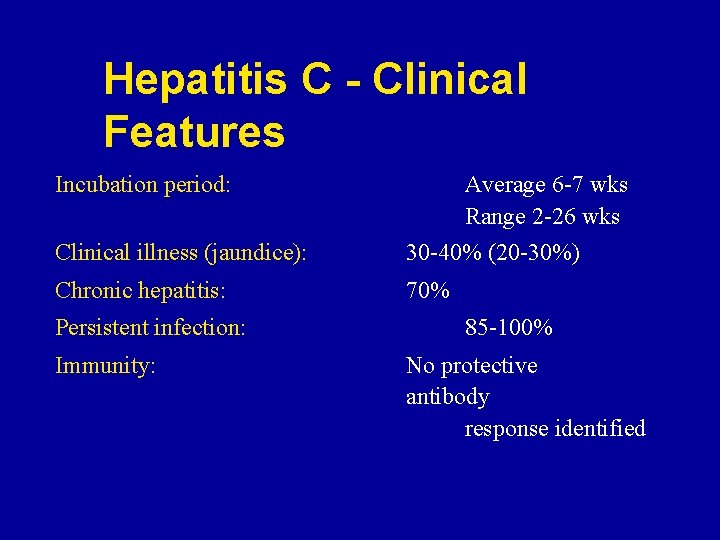 Hepatitis C - Clinical Features Incubation period: Average 6 -7 wks Range 2 -26