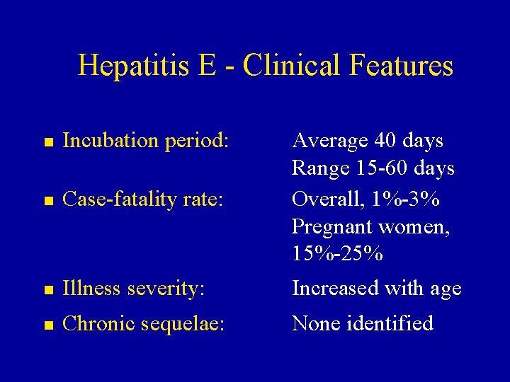 Hepatitis E - Clinical Features n Incubation period: n Case-fatality rate: Average 40 days