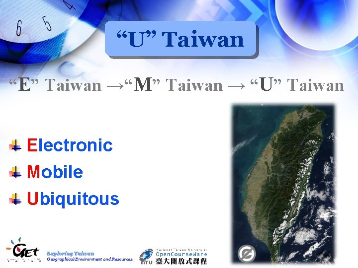 “U” Taiwan “E” Taiwan →“M” Taiwan → “U” Taiwan Electronic Mobile Ubiquitous Exploring Taiwan