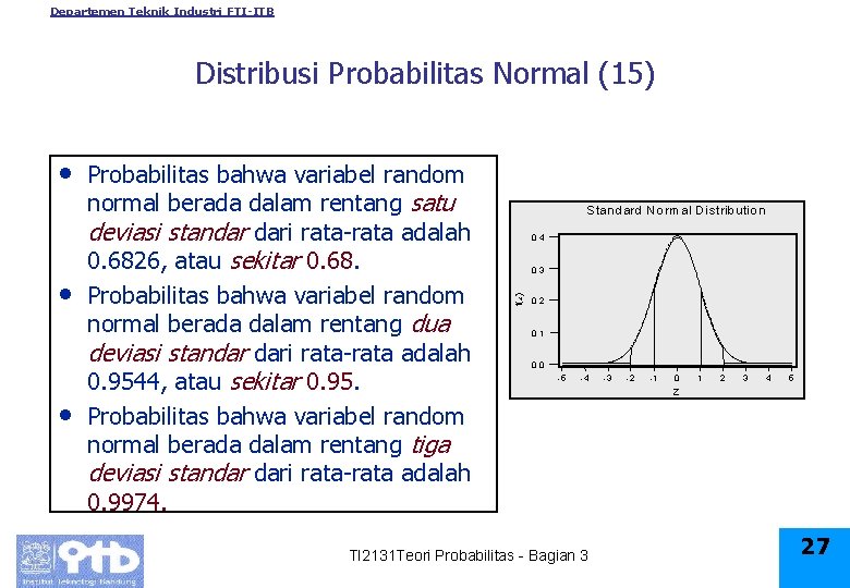 Departemen Teknik Industri FTI-ITB Distribusi Probabilitas Normal (15) • • Probabilitas bahwa variabel random