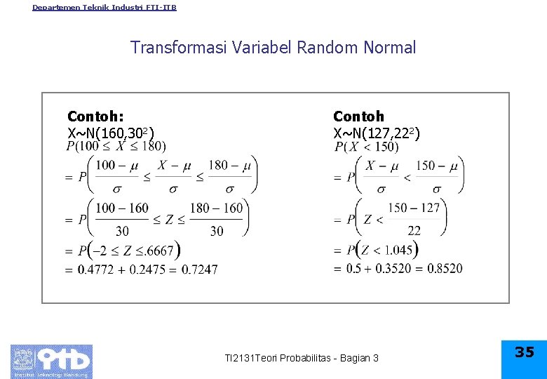 Departemen Teknik Industri FTI-ITB Transformasi Variabel Random Normal Contoh: X~N(160, 302) Contoh X~N(127, 222)