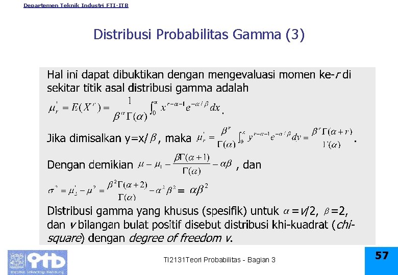 Departemen Teknik Industri FTI-ITB Distribusi Probabilitas Gamma (3) TI 2131 Teori Probabilitas - Bagian