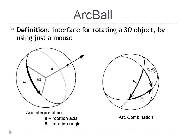 Arc. Ball Definition: interface for rotating a 3 D object, by using just a