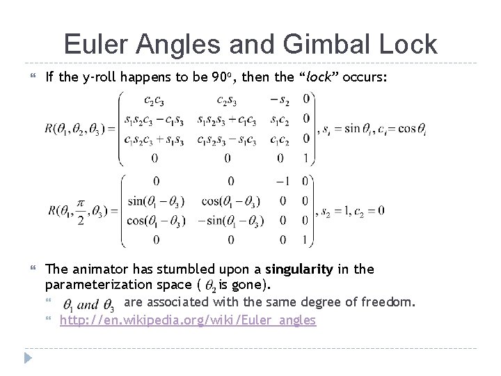 Euler Angles and Gimbal Lock If the y-roll happens to be 90 o, then