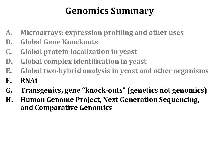 Genomics Summary A. B. C. D. E. F. G. H. Microarrays: expression profiling and