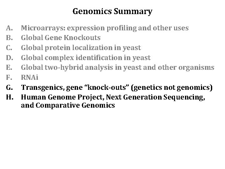 Genomics Summary A. B. C. D. E. F. G. H. Microarrays: expression profiling and