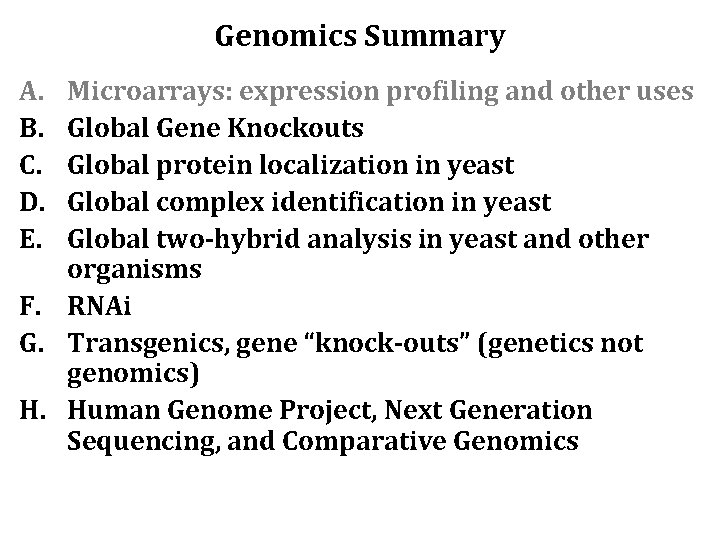 Genomics Summary A. B. C. D. E. Microarrays: expression profiling and other uses Global