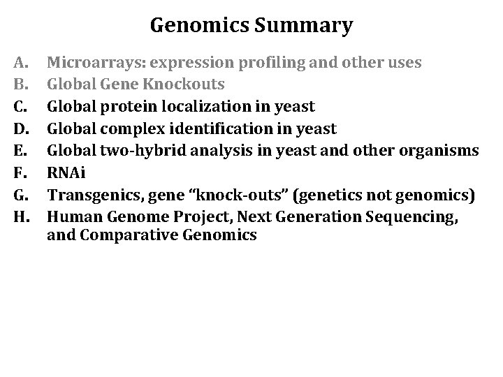 Genomics Summary A. B. C. D. E. F. G. H. Microarrays: expression profiling and