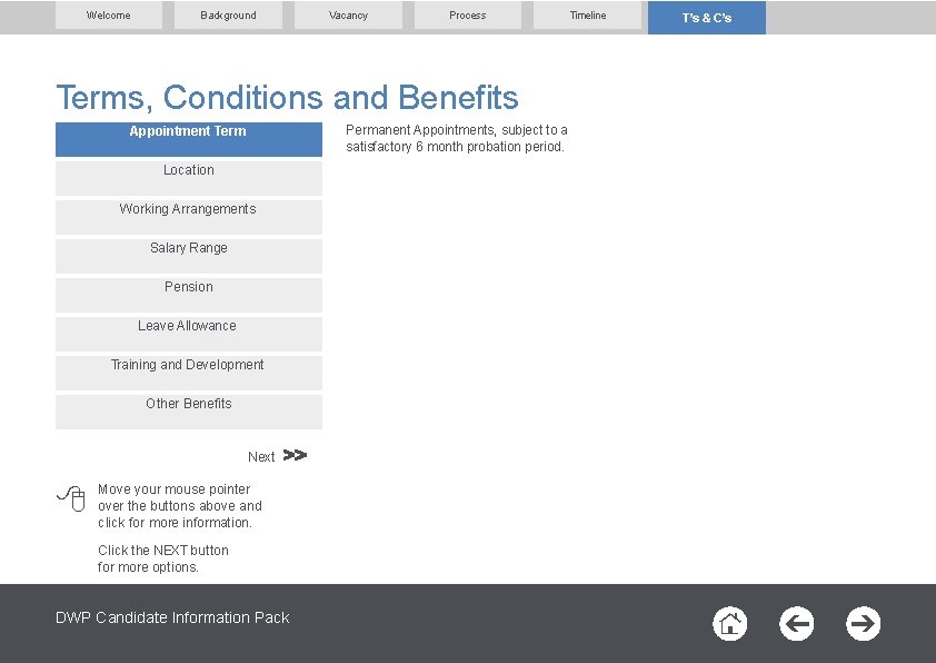 Welcome Background Vacancy Process Timeline Terms, Conditions and Benefits Permanent Appointments, subject to a