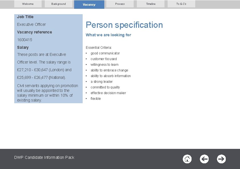 Welcome Background Vacancy Process Timeline Job Title Executive Officer Vacancy reference Person specification What