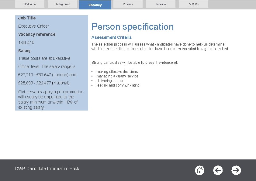 Welcome Background Vacancy Process Timeline T’s & C’s Job Title Executive Officer Vacancy reference