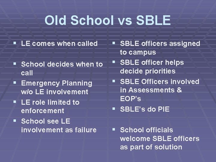 Old School vs SBLE § LE comes when called § School decides when to