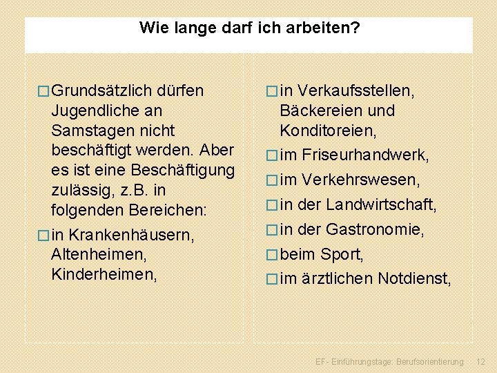 Wie lange darf ich arbeiten? � Grundsätzlich dürfen � in Verkaufsstellen, Jugendliche an Samstagen