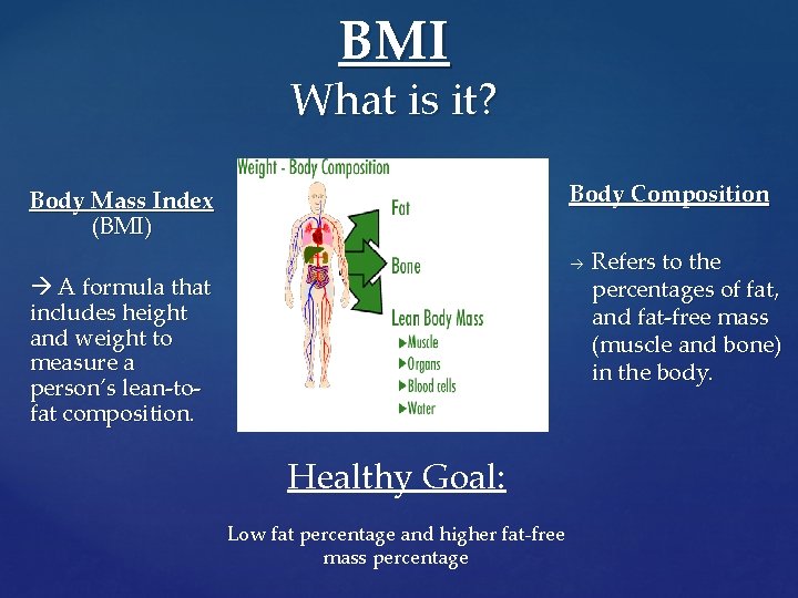 BMI What is it? Body Composition Body Mass Index (BMI) A formula that includes