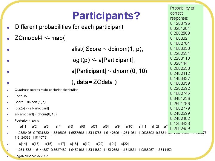 Probability of correct response: 0. 1203796 Different probabilities for each participant 0. 3201281 0.