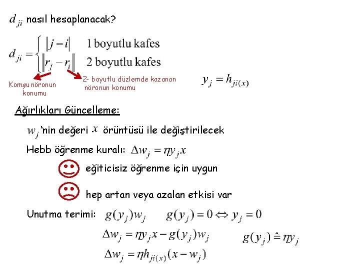 nasıl hesaplanacak? Komşu nöronun konumu 2 - boyutlu düzlemde kazanan nöronun konumu Ağırlıkları Güncelleme: