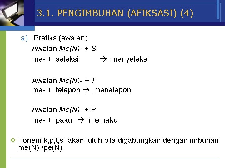 3. 1. PENGIMBUHAN (AFIKSASI) (4) a) Prefiks (awalan) Awalan Me(N)- + S me- +