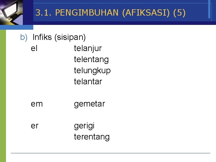 3. 1. PENGIMBUHAN (AFIKSASI) (5) b) Infiks (sisipan) el telanjur telentang telungkup telantar em