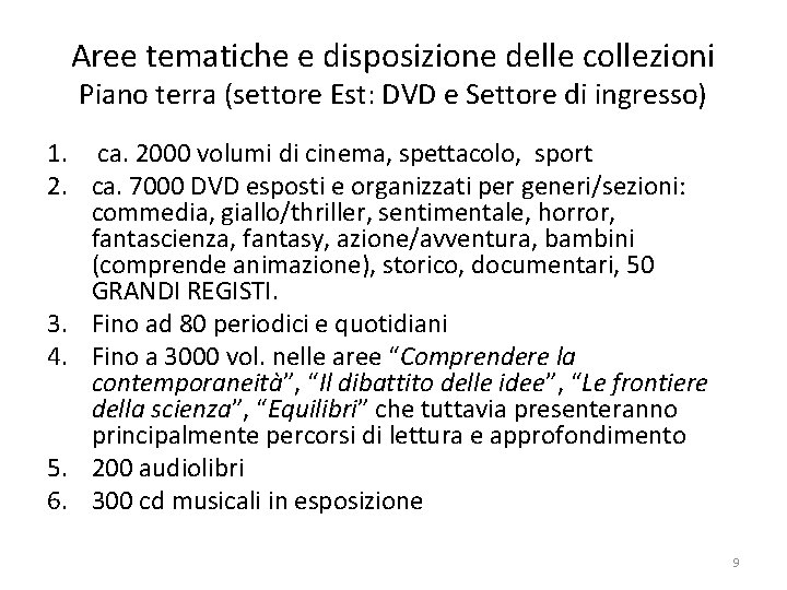 Aree tematiche e disposizione delle collezioni Piano terra (settore Est: DVD e Settore di